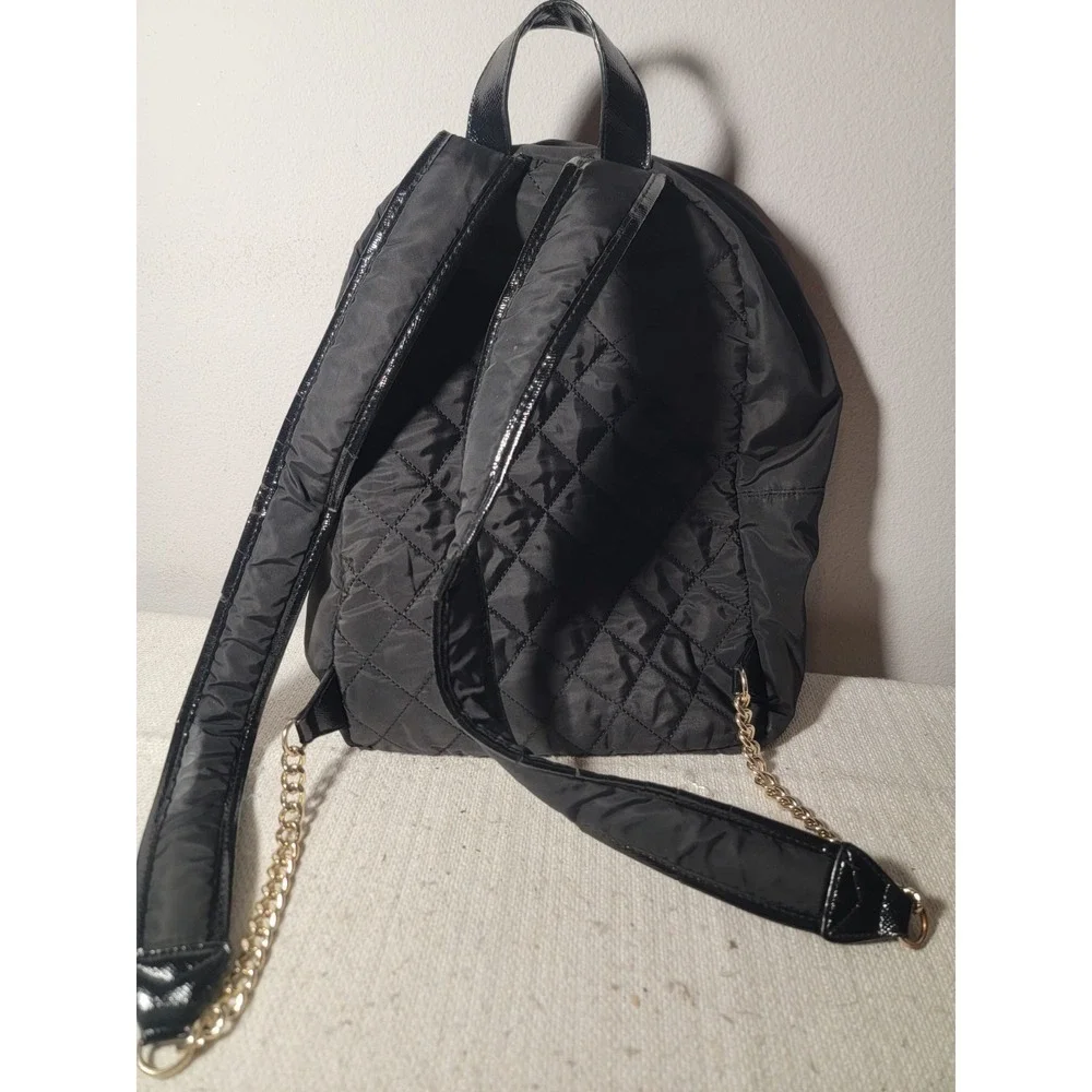Victorias Secret Love Victoria Backpack Black Nylon Patch Gold Chain Quilted